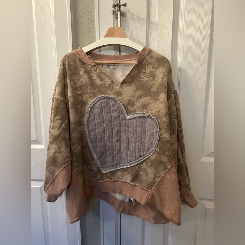 We The Free Tan Floral Heart Patch Sweatshirt